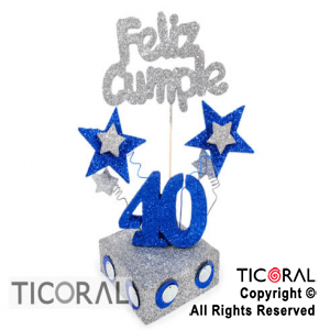 ADORNO ESCENOGRAFIA CUBITO 40 AOS F/CUMPLE TEL 40 AZUL BASE PLATA x 1